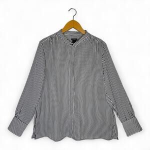 Ann Taylor Striped Button Down Collarless Shirt Size L Black White Stripes
